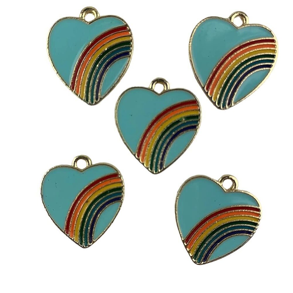 1426 10PC Gold Plated Enamel Blue Rainbow Heart Alloy Charm Pendants